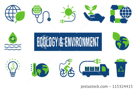 Ecology and Energy Solid Icons set. Natural symbols related to ecology and nature. The symbols for green technology, green energy, and renewable energy. 115324415