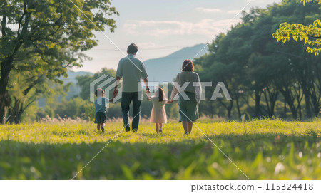 Rear view of a family walking in the park - Stock Illustration ...