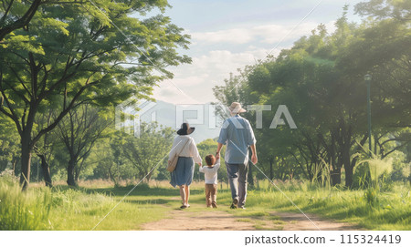 Rear view of a family walking in the park - Stock Illustration ...