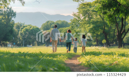 Rear view of a family walking in the park - Stock Illustration ...