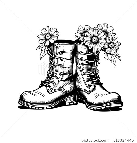 Sketch boots with Flowers isolated on white background. Sketch hand drawn vector close-up illustration for design. Isolated vector print illustration. 115324440