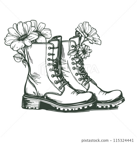 Vector illustration of flowers in boots for coloring books for children and adults. Elegant hand-drawn illustration 115324441