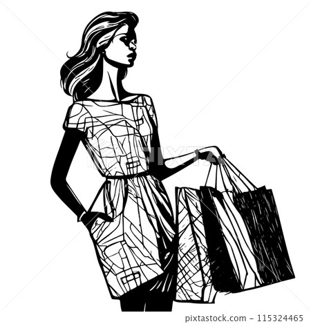 Sketch fashion girl. Stylish woman in fashion clothes with packages in her Sketch fashion girl. Stylish woman in fashion clothes with packages in her 115324465