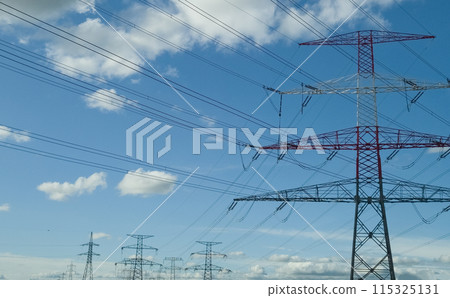 High Voltage Transmission With Pylons And Electricity Wires 115325131