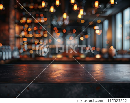 A bar with a counter top and a few bottles on it with copy space A bar with a counter top and a few bottles on it with copy space 115325822