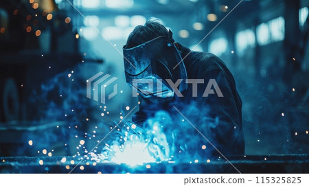 A man welder worker in a black jacket is working on a piece of metal. industrial and hard work concept A man welder worker in a black jacket is working on a piece of metal. industrial and hard work concept 115325825