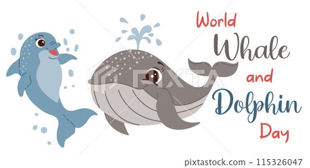 World Whale and Dolphin Day. Holiday concept. Template for background, banner, sticker, postcard, poster with text caption. Flat style 115326047