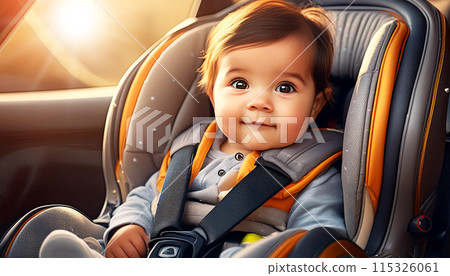 Car Safety Seat Concept - Child in Rear-Facing Car Seat Has Seat Belt On - Generative Ai 115326061