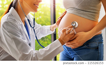 Doctor Listening Breath of Baby with Stethoscope in a Pregnant Female Abdomen - Generative Ai 115326153