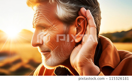 Elderly Man Cupping His Hand Behind His Ear to Hear Better - Generative Ai 115326181