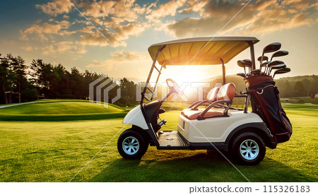 Empty Golf Cart on a Beautiful Golf Course with Golf Clubs at Sunset - Generative Ai 115326183