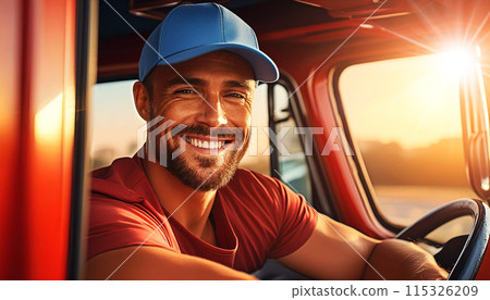 Happy Male Truck Driver Inside His Red Cargo Truck Looking at Camera - Generative Ai 115326209