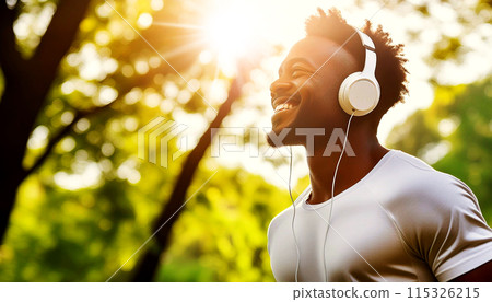 Happy Young Black Man Running in Park Listening to Music with White Headphones - Generative Ai 115326215