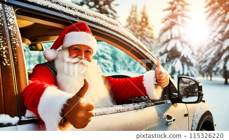 Modern Santa Claus Driving SUV Looking at Camera and Showing Thumbs Up - Generative Ai 115326220