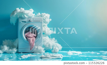 A white washing machine with clothes inside and a blue wall behind it 115326226
