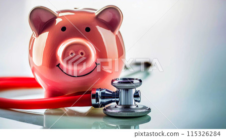 Smiling Pink-magenta Piggy Bank and a Stethoscope on a White Reflective Surface - Generative Ai 115326284