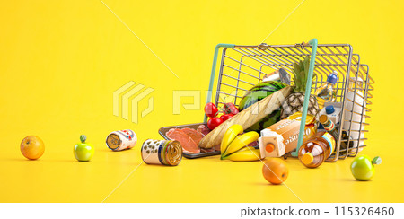 Overturned shopping basket full of variety of grocery products, food and drink ion yellow background. Overturned shopping basket full of variety of grocery products, food and drink ion yellow background. 115326460