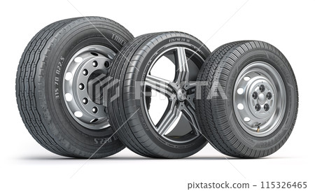 Row of various car tires with  alloy wheels isolated on white background. 115326465
