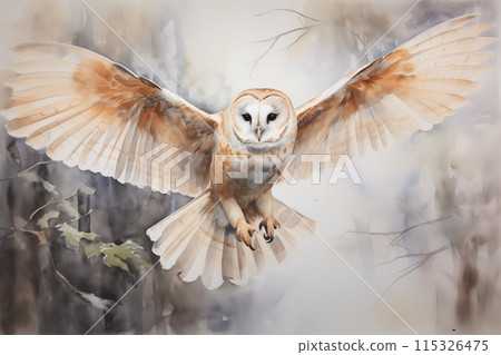 Watercolor of Barn Owl fly by Generative AI 115326475