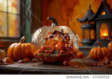 Halloween card, glass pumpkin with a house inside 115326518