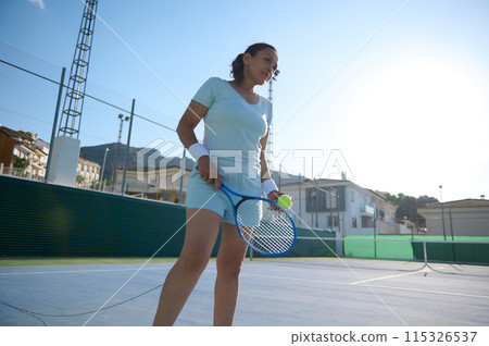 Middle-aged woman playing tennis on an outdoor court in sunny weather 115326537