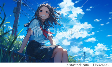 一個女孩思考夏天的天空 115326649