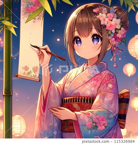 A girl writing a wish on a Tanabata paper strip 115326984