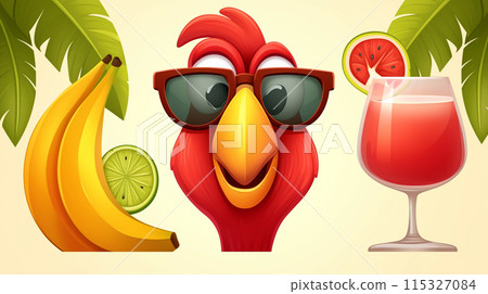 Image of a tropical resort with parrots, cocktails and fruit 115327084