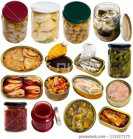 Set of canned goods on white background 115327175