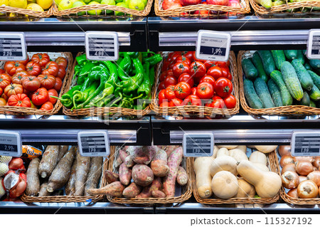 Counter with large assortment of fresh vegetables Counter with large assortment of fresh vegetables 115327192