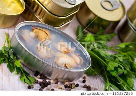 Canned seafood, whole shelled clams Canned seafood, whole shelled clams 115327236