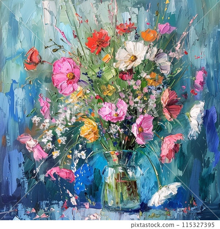 Still life, flowers painted on canvas, in the style of Impressionism 115327395