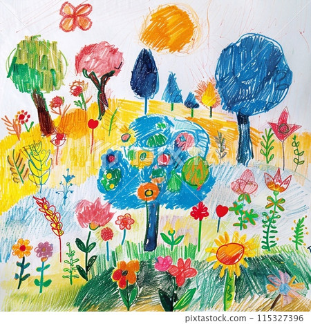 Children's drawings drawn with colored paints of trees, flowers, plants, fields 115327396