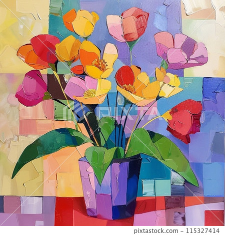Still life, flowers painted on canvas, in the style of Cubism  115327414