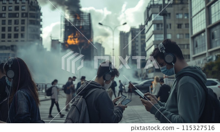 Crowd Walks Past Burning Building 115327516