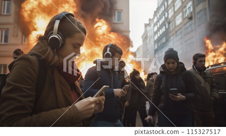 Crowd Walks Past Burning Building 115327517
