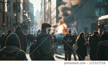 Crowd Walks Past Burning Building 115327538