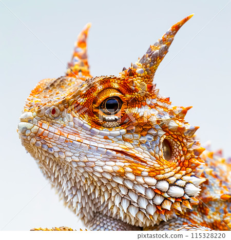 Detailed Close-up of a Horned Lizard with Intricate Skin Patterns on White Background 115328220