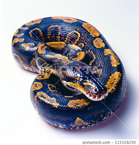 Serene Coiled Python with Glossy Patterned Skin on White Background 115328250