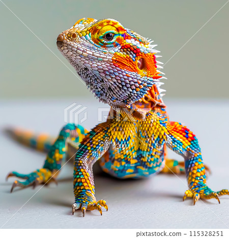 Vibrant Spiny Lizard Sitting Still on White Surface in High Definition Photography 115328251