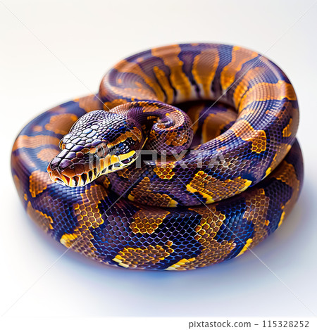 Majestic Coiled Python with Glossy Skin Pattern on White Background 115328252