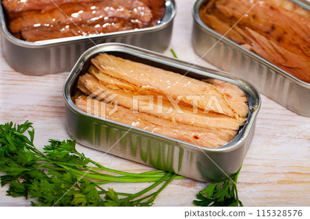 Canned seafood, melva fish fillets preserved in oi 115328576