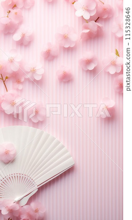 Traditional Japanese fan sensu, pink sakura blossom, spring vertical background 115328646