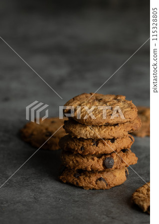 Freshly baked chocolate chip cookies. 115328805