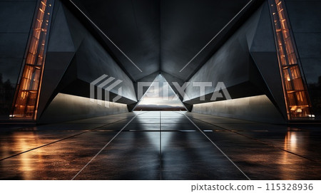 Concrete futuristic interior with a triangular window and ambient lighting 115328936