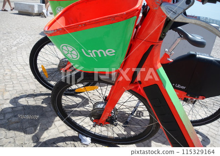 LimeBike bicycle. Lime Bike is a bicycle-sharing company based in California operating dockless bicycle-sharing systems using a mobile app for reservations 115329164