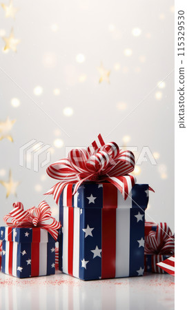 Patriotic Presents with American Flag Motif on White Background, copy space 115329530