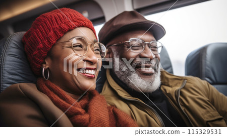 Black middle aged couple travelling by train, responsible travel concept 115329531