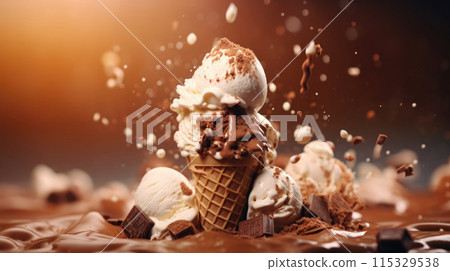 Brown chocolate ice cream with melty ingredients, dessert food background 115329538