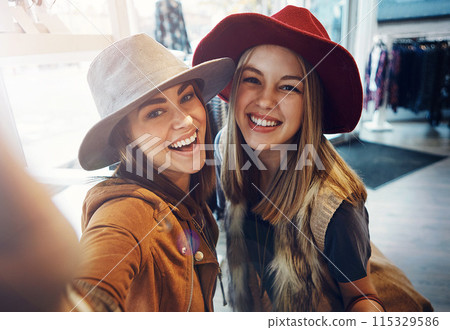 Friends, selfie and shopping date with women, smile and happiness together with retail, sale and discount at mall. Portrait, photograph and memory for social media, customer and urban boutique shop 115329586